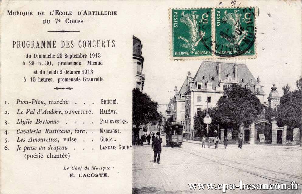 Musique de l'Ecole d'Artillerie du 7e Corps - Programme des Concerts du Dimanche 28 Septembre 1913 et du Jeudi 2 Octobre 1913
